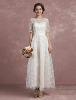 Sommer Brautkleider Lace Illusion Sweetheart Beach Strand Brautkleid Halbe Ärmel 3D Blumen Schlüsselloch Band Bogen Schärpe Knöchel Länge Brautkleid Milanoo