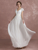 Sommer-Hochzeits-Kleider 2021 Beach Strand-Spitze-Chiffon- V Ansatz-Brautkleid-Kurzschluss-Hülse mit Rüschen besetzte Taille