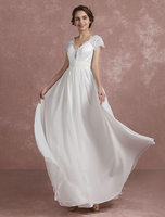 Sommer-Hochzeits-Kleider 2021 Beach Strand-Spitze-Chiffon- V Ansatz-Brautkleid-Kurzschluss-Hülse mit Rüschen besetzte Taille