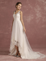 Sommer-Hochzeits-Kleider 2021 Spitze-hohe niedrige V Ansatz Brautkleid-Illusion Sleeveless eine Linie Brautkleid mit Kapelle Zug