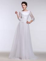 Sommer-Hochzeits-Kleider 2021 Weißes Spitze-Bateau-halbes Hülsen-Brautkleid-Schlüsselloch-Band-Bogen-Schleife-Zug-Brautkleid