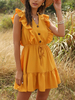 Sommer-Kleid mit kurzen Ärmeln V-Ausschnitt Buttons Kordelzug Yellow Short Strand-Kleid