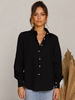 Sommerhemd für Frauen Schwarzes Polyester-Turndown-Kragen-Langarm-Freizeithemd