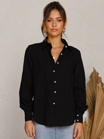 Sommerhemd für Frauen Schwarzes Polyester-Turndown-Kragen-Langarm-Freizeithemd