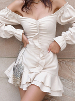 Sommerkleid Apricot Bateau-Ausschnitt Langarm Plissee Plissee Rüschen Polyester Strandkleid