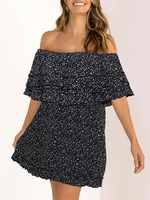 Sommerkleid aus der Schulter Rüschen Ditsy Blumendruck Strandkleid
