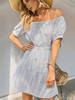 Sommerkleid Baby Blue Bateau Neck Open Schulter Rüschen Streifen Polyester Casual Beach Dress
