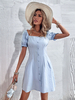 Sommerkleid Baby Blue Square Neck Kurzarm Knöpfe Polyester Midi Beach Kleid
