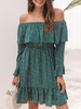 Sommerkleid Bateau Neck Teal Printed Langarm Rüschen geknotetes Strandkleid