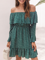 Sommerkleid Bateau Neck Teal Printed Langarm Rüschen geknotetes Strandkleid