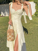 Sommerkleid Beige Träger Hals Split Front Blumendruck Muster Polyester Strandkleid Langes Kleid