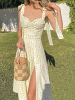 Sommerkleid Beige Träger Hals Split Front Blumendruck Muster Polyester Strandkleid Langes Kleid