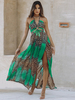 Sommerkleid Blau Neckholder Ärmellos Rückenfrei Animal Print Chiffon Maxi Strandkleid