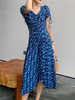 Sommerkleid Blau V-Ausschnitt Blumen Kurzarm Ärmel Druckmuster Polyester Long Beach Kleid Maxikleid