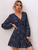 Sommerkleid Blau V-Ausschnitt Lange Ärmel Blumen Bedrucktes Polyester Midi Strandkleid