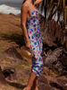 Sommerkleid Blaue Träger Hals Blumendruck Muster Polyester Strandkleid Langes Kleid