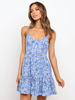 Sommerkleid Blaues ärmelloses Chiffon-Strandkleid mit V-Ausschnitt und ärmellosem Blumenmuster