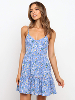 Sommerkleid Blaues ärmelloses Chiffon-Strandkleid mit V-Ausschnitt und ärmellosem Blumenmuster