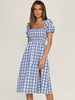 Sommerkleid Blue Square Neck Plaid Pattern Polyester Sommer Medium Beach Kleid