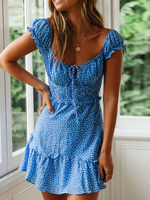 Sommerkleid Blue Square Neck Printed Plissee Layered Extra Short Summer Beach Kurzes Kleid