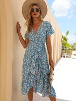 Sommerkleid Blumendruck Blau Mittleres Strandkleid