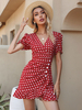 Sommerkleid Burgunder V-Ausschnitt Rüschen Polka Dot Polyester Strandkleid