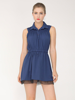 Sommerkleid Dark Navy Turndown-Kragen Ärmelloses Spitzen-Polyester-Midi-Strandkleid