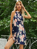 Sommerkleid Deep Blue Stehkragen Blumendruck Polyester Midi Beach Dress