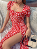 Sommerkleid Ditsy Floral Square Neck Split Strandkleid