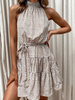 Sommerkleid ecru weiß High Collar Schnürung Bedrucktes Strandkleid aus Polyester