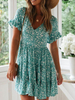 Sommerkleid Grün V-Ausschnitt Rüschen Blumenmuster Baumwolle Strandkleid