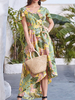 Sommerkleid Grün V-Ausschnitt Schnürung mit Blumenmuster Polyester Beach Dress
