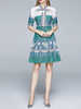 Sommerkleid Grün verzierter Kragen Schnürung Bedruckte Schleife Polyester Shirt Kleid Strandkleid