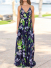 Sommerkleid Grüne Spaghettiträger Hals Ärmelloses Rückenfreies Blumendruck Polyester Langes Strandkleid