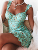 Sommerkleid Grüne Träger Ausschnitt Blumendruckmuster Polyester Midi Strandkleid