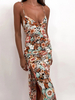 Sommerkleid Grüne Träger Neck Split Front Polyester Strandkleid mit Blumendruck