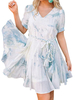 Sommerkleid Helles Himmelblau Kurzarm mit V-Ausschnitt; Batik-Rüschen-Strandkleid