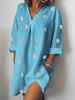Sommerkleid Helles himmelblaues Strandkleid aus bedrucktem Polyester mit V-Ausschnitt