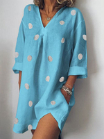 Sommerkleid Helles himmelblaues Strandkleid aus bedrucktem Polyester mit V-Ausschnitt