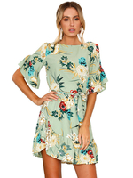 Sommerkleid Hellgrüner Juwelenhals Kurzarm Ärmeldruckmuster Polyester Beach Dress