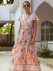 Sommerkleid Hellrosa V-Ausschnitt Kurzarm Kurzes Blumenmuster Polyester Strandkleid Langes Kleid