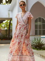 Sommerkleid Hellrosa V-Ausschnitt Kurzarm Kurzes Blumenmuster Polyester Strandkleid Langes Kleid