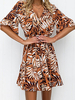 Sommerkleid Khaki V-Ausschnitt Halbarm Mit Blumenmuster bedrucktes Strandkleid aus Polyester