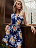 Sommerkleid Königsblau V-Ausschnitt Reißverschluss Blumen bedrucktes Polyester Strandkleid