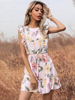 Sommerkleid Lavendel Jewel Neck Ärmelloses Plissee-Blumendruck-Polyester-Strandkleid
