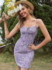 Sommerkleid Lila Blumen bedruckte Träger Hals ärmelloses kurzes Strandkleid aus Polyester