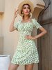 Sommerkleid mit quadratischem Hals und Blumendruck Schnürung Rückenfreies grünes extra kurzes Strandkleid