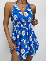 Sommerkleid Neckholder Neck Blumendruck Muster Blue Chiffon Bohemian Beach Dress