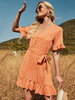 Sommerkleid Orange V-Ausschnitt Kurzarm Rüschen Bedrucktes Polyester Midi Beach Kleid
