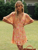Sommerkleid Orange V-Ausschnitt Rüschen Blumendruck Muster Polyester Beach Midi Kleid Tunika Kleid